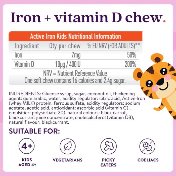 Active Iron Kids Iron + Vitamin D 30 Blackcurrant Soft Chews - 30 Day Supply