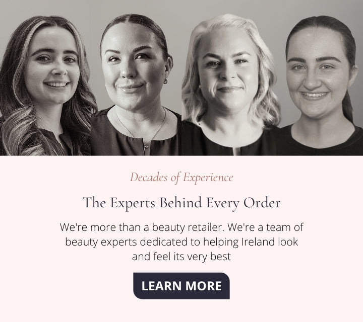 A promotional banner featuring four black-and-white portraits of women at the top, with text below reading 'Decades of Experience', 'The Experts Behind Every Order', and a 'LEARN MORE' button on a pale pink background.