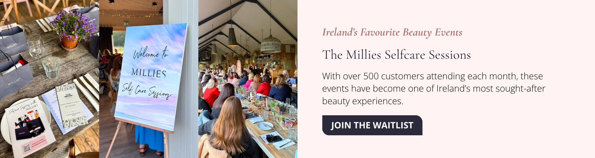 Promotional banner featuring three vertical lifestyle photos on the left and text on the right. The photos show a decorated event space, a sign reading 'Welcome to Millican The Art Gallery', and a crowd of people seated at tables inside a venue.