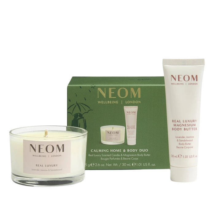 NEOM Wellbeing Calming Home & Body Duo with Real Luxury Travel Candle and Magnesium Body Butter
