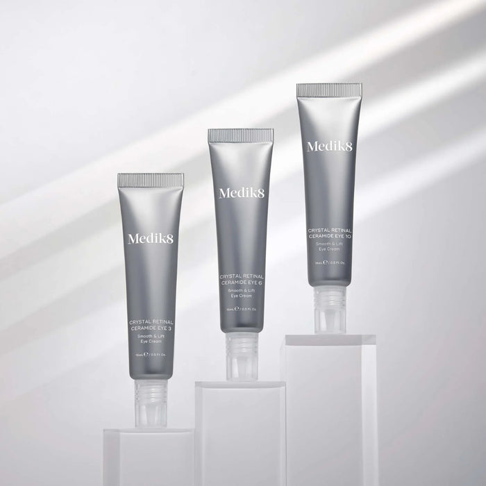 Medik8 Crystal Retinol Ceramide Eye is a potent eye cream that helps reduce wrinkles, fine lines, and dark circles, while also hydrating the delicate eye area