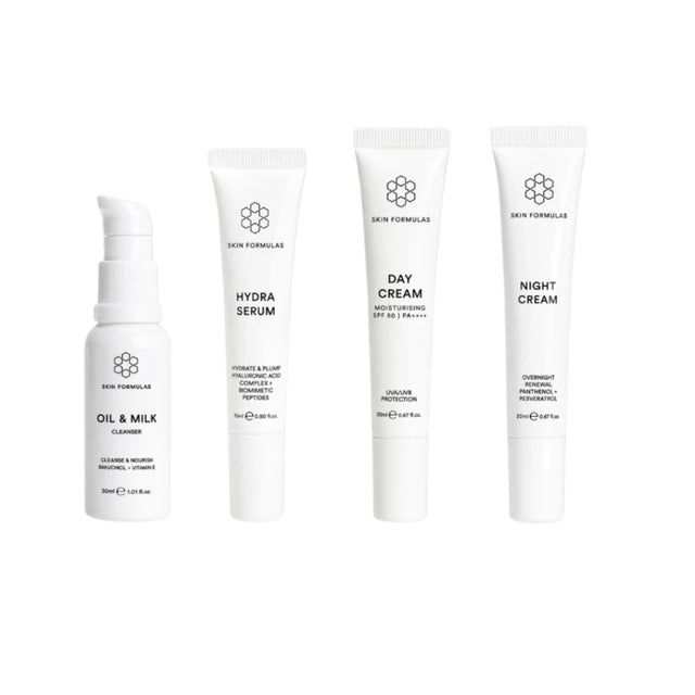 Skin Formulas The Mini Essentials Kit with Oil & Milk Cleanser, Hydra Serum, Day Cream and Night Cream