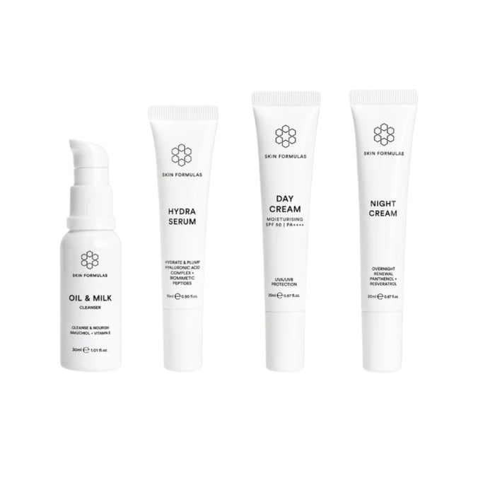 Skin Formulas The Mini Essentials Kit with Oil & Milk Cleanser, Hydra Serum, Day Cream and Night Cream